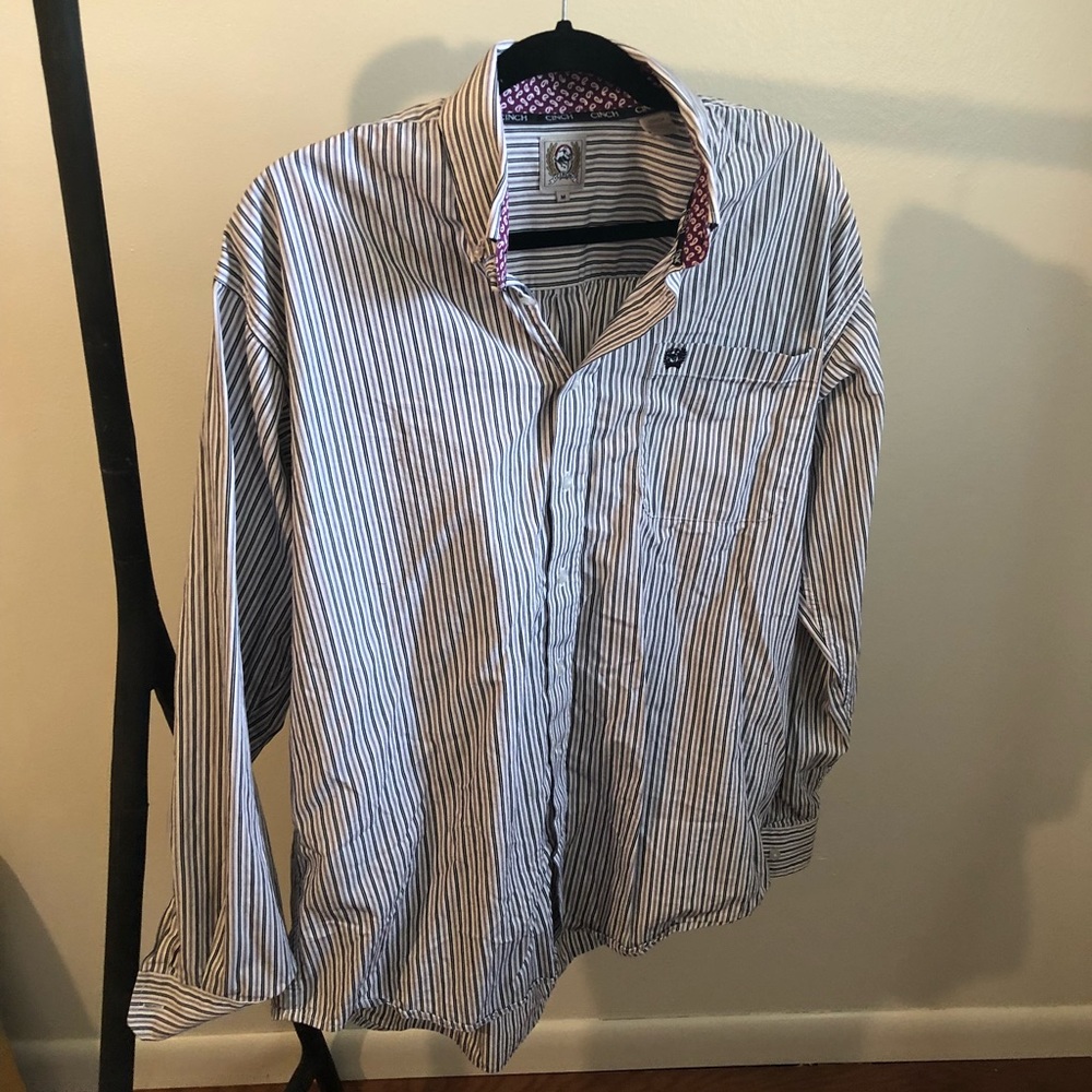 Men’s black and purple cinch stripe button up